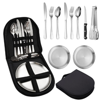 Assiettes à dîner en acier inoxydable pour camping, ensemble de couverts, fourchette et cuillère avec sac noir