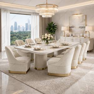Luxurious Marble <b>Dining</b> <b>Table</b> with Velvet Chairs Modern Wood Base 6/8 <b>Seaters</b> for Hotel Apartment Use - Product Image 5