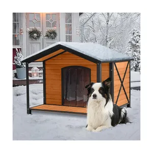 छोटे से मध्यम आकार के कुत्तों के लिए मौसम प्रतिरोधी लकड़ी का कुत्ता आश्रय, लोहे का फ्रेम इनडोर आउटडोर डॉगहाउस, बड़े पोर्च के साथ पिल्ला केनेल