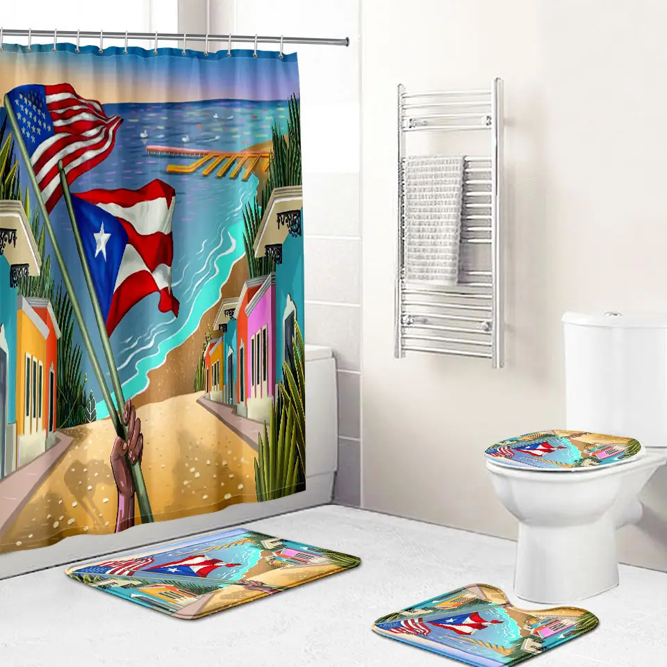 Cờ Puerto Rico In Kỹ Thuật Số 3D Thiết Kế Động Vật Ếch Phòng Tắm Rèm Tắm Với Thảm