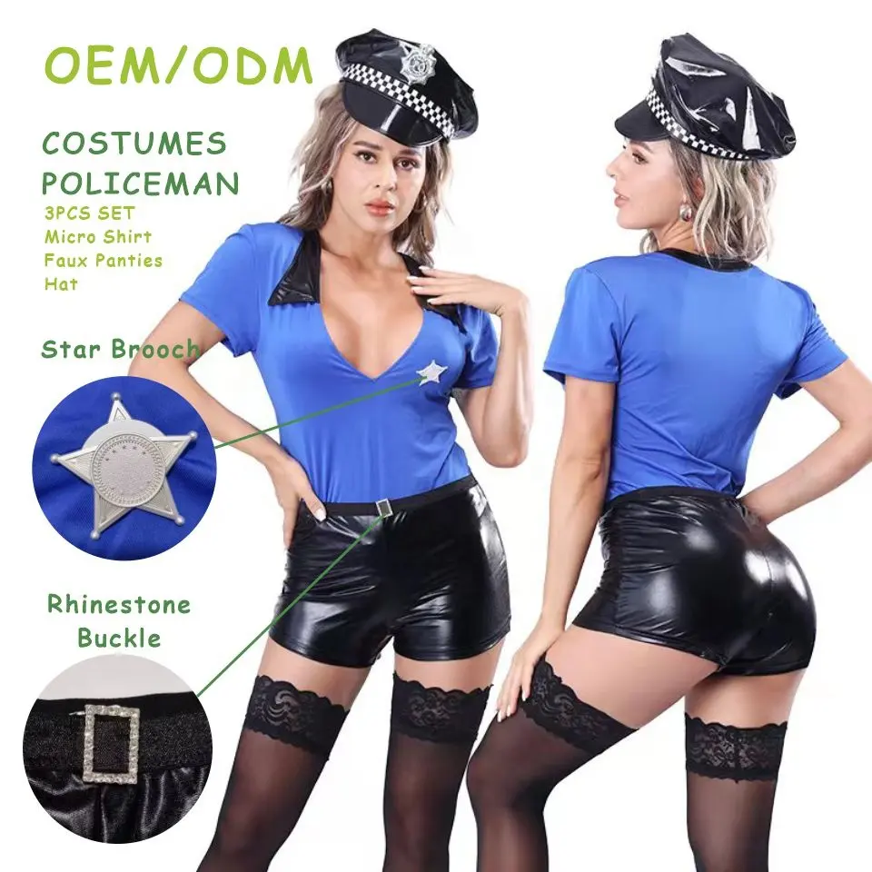 OEM pakaian dalam Halloween wanita seksi pakaian polisi kaus berleher V rendah topi lingerie seksi wanita set seksi