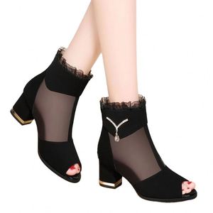 <b>Women</b> Fish-mouth Hollow-out <b>Sandals</b> Chunky High Heels Korean Version Versatile Cool Boots Mesh and Fine Velvet Shoes - Product Image 2