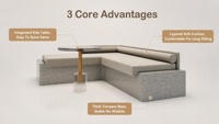 Banquette de café en forme de L sur mesure avec base en terrazzo, canapé de restaurant avec table d'appoint intégrée, mobilier commercial