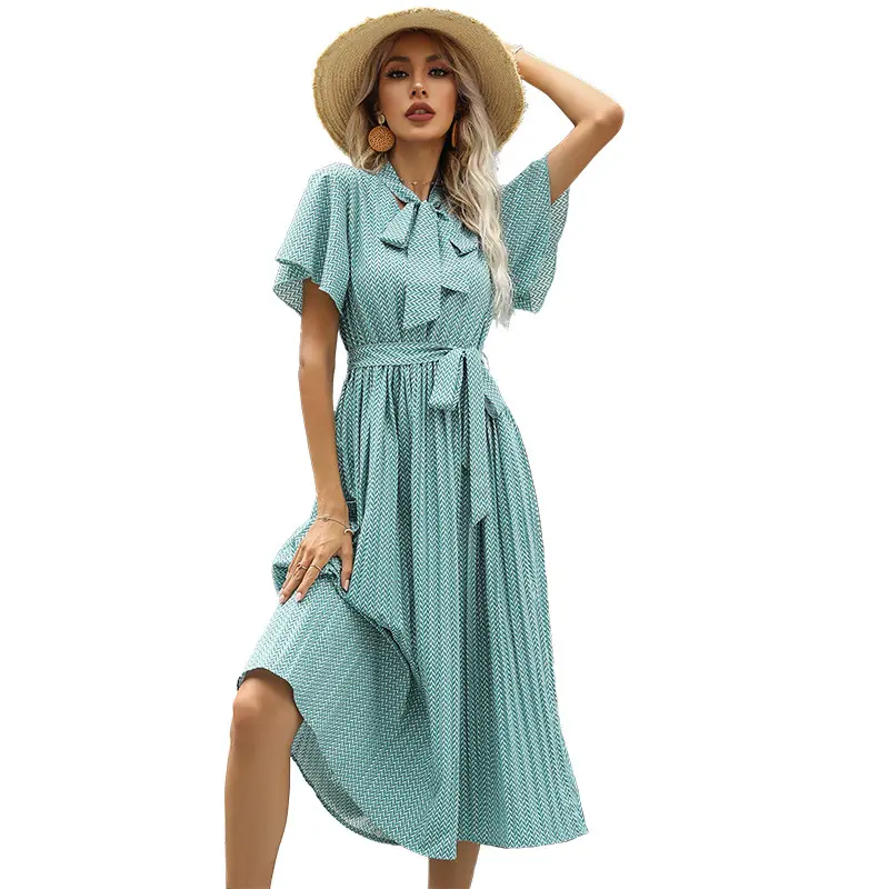 Wholesale custom Fashion women's Green Scarf Collar short sleeve lace up Pleated Dress retro solid color maxi dress