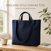 Tas Tote Kanvas Wanita Biru Tua Gaya Inggris dengan Kancing Pengunci, Tali Bahu Panjang, Pegangan Ganda, Logo Custom