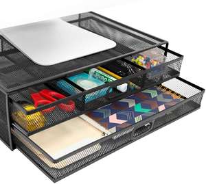 Metal Mesh Monitor Riser Desktop Stand with <b>Storage</b> Drawers <b>for</b> <b>Computer</b> Laptop LED LCD OLED Flat Screen Display and Printer - Product Image 1