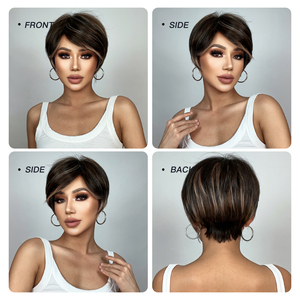 Fabriek Snelle Levering Korte Pixie Gesneden Bruine Highlight Synthetische Pruiken Natuurlijke Kleurrijke Gelaagde Pruik Met Pluizige Pony Voor Vrouwen - Product Image 2