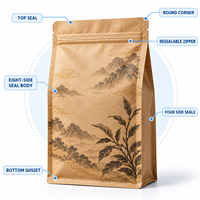 Sachet personnalisé en papier kraft sans fenêtre pour thé Pu'er, scellé sur huit côtés avec fermeture éclair, pour la vente au détail et en gros