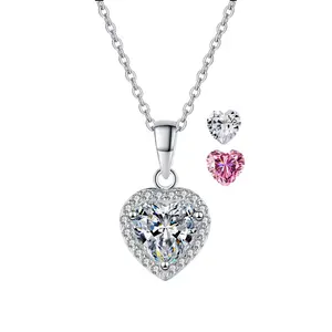 Bán buôn tùy chỉnh đồ trang sức đám cưới 925 Sterling bạc mặt dây chuyền trái tim màu hồng 1CT moissanite Vòng cổ hoàn toàn lát cho phụ nữ