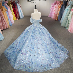 Robe de mariée artisanale Dy6926, luxueuse, à épaules dénudées, ornée de perles et de paillettes, robe de bal bleu ciel, Jancember - Product Image 5