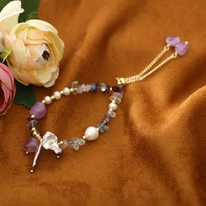 Pulsera Versátil de Perlas Naturales con Cuentas de Piedra Triturada y Colgante de Pétalo, Adorno de Mano de Moda para Dama, Joyería Casual Diaria - Product Image 4