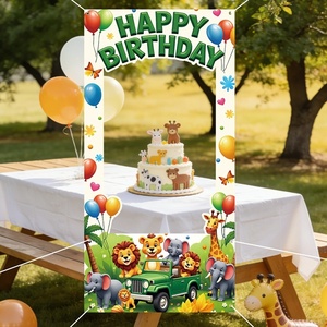 Toile de fond photo thème animaux de la jungle, motif dessin animé, pour fête d'<span class=keywords><strong>anniversaire</strong></span>, avec animaux 3D mignons, décoration de visage évidée, <span class=keywords><strong>Joyeux</strong></span> <span class=keywords><strong>Anniversaire</strong></span> - Product Image 2