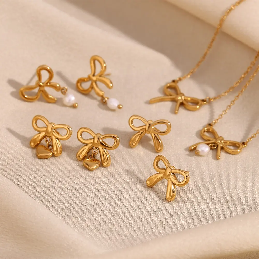 Thanh nhã Bow jewlery Set 18K mạ vàng Vòng cổ và bông tai Set thép không gỉ trang sức Bộ quà tặng