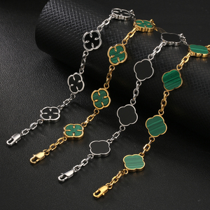 <b>Mens</b> Hiphop Flower Chain Bracelet 18K Gold Plated Stainless Steel Malachite Onyx Claw Setting Clover Bracelet Jewelry Gift - Product Image 6