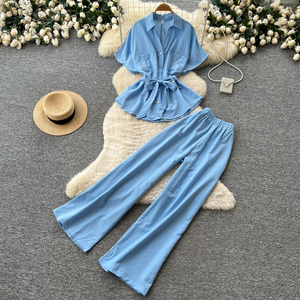 Conjunto <span class=keywords><strong>Casual</strong></span> de 2 Piezas para Mujer, Primavera-Verano, <span class=keywords><strong>Camisa</strong></span> de Manga Corta con Botones y Cintura Ajustable, Pantalones Anchos de Cintura Alta - Product Image 2