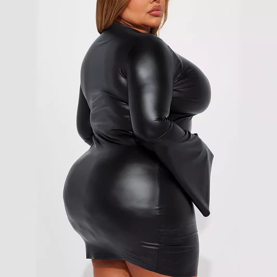 Plus Size Women Mini Black Mature Lady Short Black Leather Bondage Dress