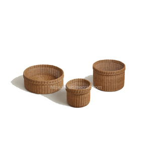 Lot de 3 paniers modernes en rotin naturel brun, bord pliable, artisanat en acier inoxydable, capacité 6-10L, vente en gros - Product Image 1