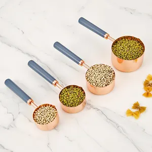 4 Pcs Copper Measuring Cups With Blue Handle Measurement Tools For Baking And Cooking
