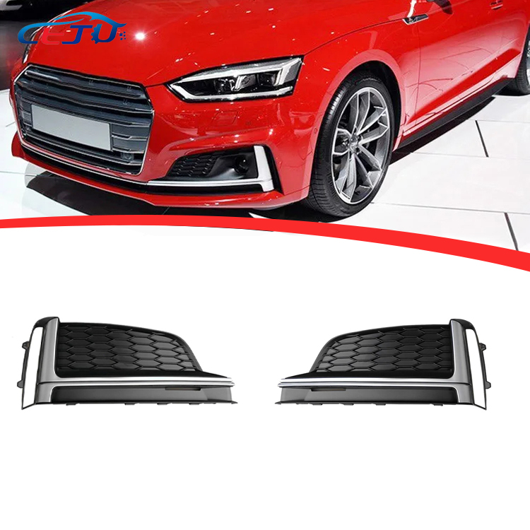 Front Bumper Fog Light Grille Bezel For Audi Q5 2018-2020 - Left Driver Side, Matte Black With Chrome Trim (Part #80A807679DRU6)