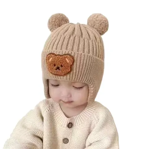 Invierno cálido bebé niñas niños lindo pompón sombrero al aire libre protección auditiva tejido niños invierno sombrero niño oso bordado invierno sombrero