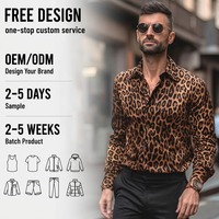Kemeja Pria Motif Cheetah Modis Lengan Panjang Slim Fit Kancing Depan Atasan Kasual Streetwear Pesta Klub Malam
