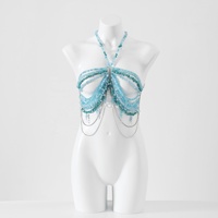 Bikini halter top fait main avec paillettes turquoise, chaîne de corps pour les fêtes, bijoux de sirène, soutien-gorge bleu avec pierres précieuses, bralette perlée
