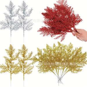 Artificial Pine Branch <b>Glitter</b> Decoration Silver Gold <b>Red</b> Plastic Christmas Home Party Decor Single Branch - Product Image 1