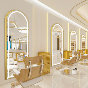 <span class=keywords><strong>Miroir</strong></span> <span class=keywords><strong>mural</strong></span> géant arqué en métal doré de luxe avec LED intégrées pour salon de coiffure - Product Image 2