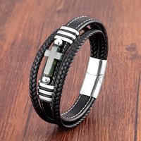 Agate vintage croix multicouche tressée bracelet en cuir véritable breloque fermoir magnétique Bracelet pour hommes bijoux chrétiens cadeau