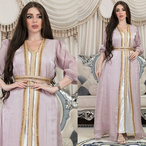Ensembles de luxe 2 pièces pour femmes musulmanes, style <span class=keywords><strong>Moyen</strong></span>-Orient, robes Abaya de Dubaï, doux, longueur ras du sol, élégants, respirants, en polyester, col en V - Product Image 6
