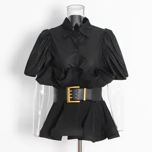 Women Stand Collar Short Sleeve Causal Ruffle Pleated Top Shirt Blouse With Belt Ladies Crop Top Casual Blusa