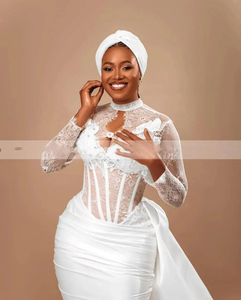 Mumuleo <span class=keywords><strong>Robe</strong></span> de mariée sirène <span class=keywords><strong>blanche</strong></span> à col haut transparent Aso Ebi avec surjupe Vestido De Festas Longo Casamento <span class=keywords><strong>Robe</strong></span> de mariée - Product Image 4