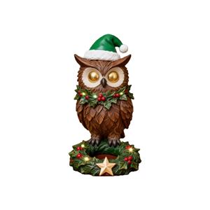 Hibou de Noël artisanal en polyrésine personnalisé avec bonnet de Père Noël et <span class=keywords><strong>guirlande</strong></span> <span class=keywords><strong>LED</strong></span> - Décoration couronne de baies pour cadeaux de fêtes aux États-Unis/UE - Product Image 1