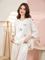 Nouvel ensemble de pyjama en coton brodé de style chinois pour femmes, avec haut à manches fines et pantalon long, manches trois-quarts papillon