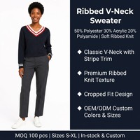 Pull en maille côtelée personnalisé OEM & ODM pour femme, col en V, manches longues, style preppy, automne-hiver, Noël, en polyester, hauts et pulls, Ropa De Mujer