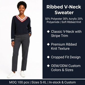 Custom OEM &amp; ODM Women Sweater Ribbed Knit Long Sleeve V-Neck Preppy Autumn Winter <strong>Christmas</strong> Polyester <strong>Jumper</strong> Tops Ropa De Mujer - Product Image 6