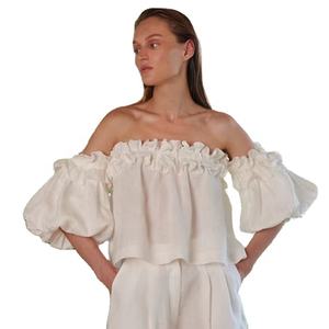 Blusa de Lino Transpirable para Mujer, Estilo Vintage, Color Sólido, con Volantes, Manga Corta, Sin Tirantes, Estilo Retro, con Mangas Abullonadas - Product Image 1