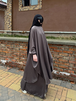 YXN043 Ensemble deux pièces gris minimaliste, robe islamique modeste à superpositions amples, kaftan décontracté à manches longues pour femmes musulmanes