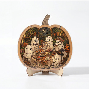 Rompecabezas de madera con forma de calabaza, escena de fantasma, esqueleto y bruja, adornos de escritorio de Halloween, juego de ensamblaje DIY espeluznante para otoño, decoración. - Product Image 4