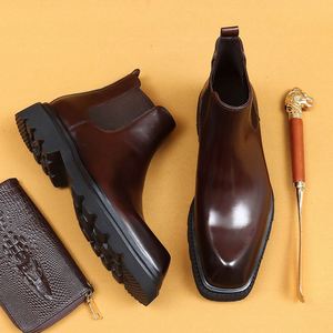 Businessmen Premium Winter Retro Chelsea Boots Thick Sole British Genuine Leather Cowhide Lining Unique Sole Design Ankle <b>Bootie</b> - Product Image 2