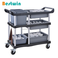 Chariot de service et de collecte de vaisselle en plastique Bestwin pour restaurant, cantine, hôtel, noir/gris, 2 bacs, 3 boîtes de rangement