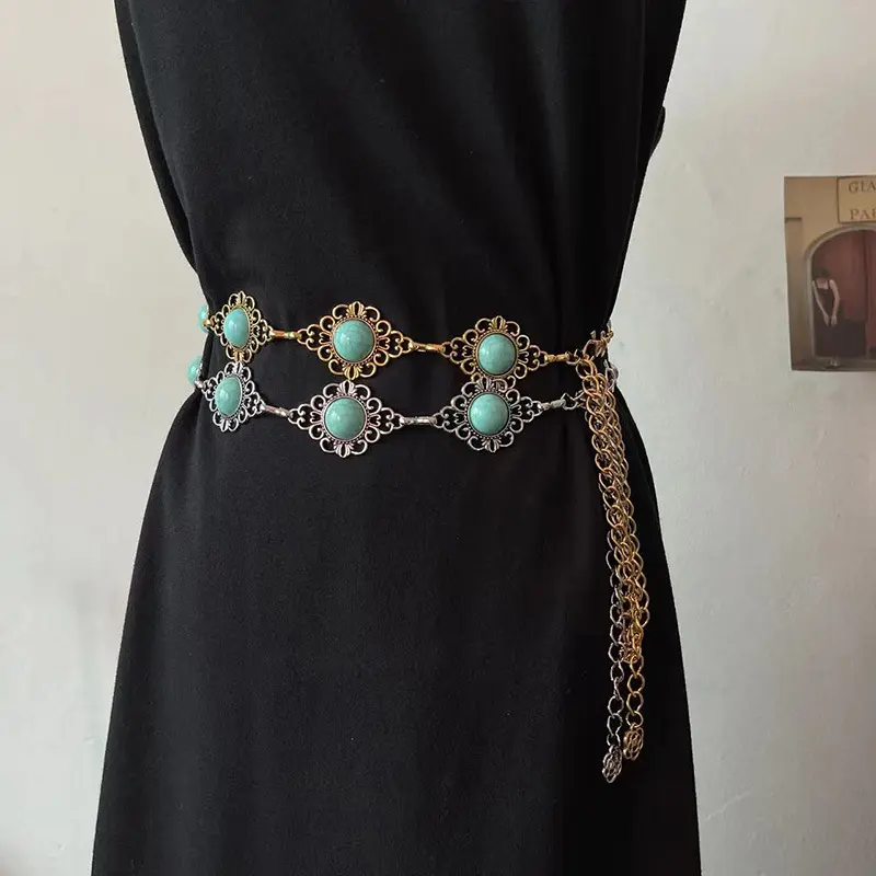 Cổ Điển Của Phụ Nữ Váy Eo Bụng Màu Ngọc Có Thể Điều Chỉnh Bạc Dresses Agate Đá Vành Đai Thắt Lưng