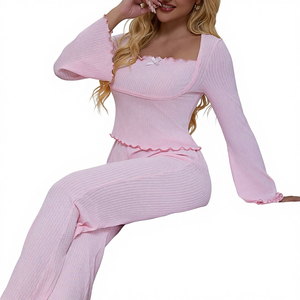 Chemise à manches longues et pantalon long pour <span class=keywords><strong>femme</strong></span>, style européen et américain, sexy, mode, manches évasées, ourlet roulé, nœud, extensible, respirant - Product Image 2