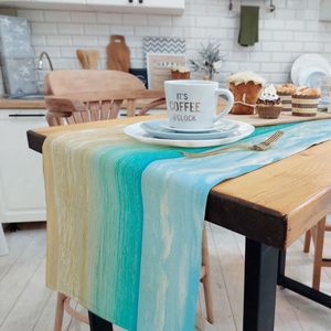 Chemin de table à eau de mer tropicale bleue pour les fêtes intérieures en plein air d'été motif rayé pour la cuisine pour les dîners de famille mariages - Product Image 2