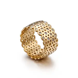 Kalen 12毫米不锈钢金戒指银aaa立方锆石钻石18k金戒指女饰品