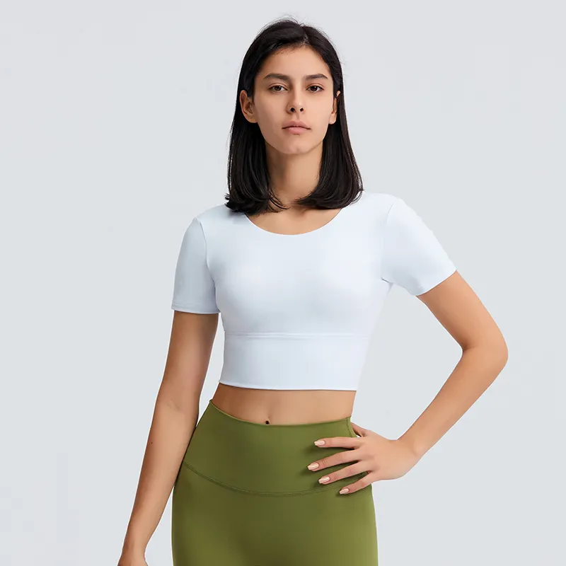 Crop Yoga T-shirt Wanita Berongga Indah Kembali Kebugaran Crop Top Santai Luar Ruangan Lengan Pendek Olahraga T Shirt dengan Pad Dada