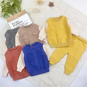 Ensemble 2 pièces en tricot à manches longues pour bébé, couleur contrastante, pull et pantalon, couleur unie