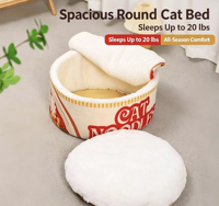 Lit pour chat Ramen, type bol de nouilles japonais fermé, rond, double usage, tapis pour animaux de compagnie, chaud, amovible et lavable, pour l'automne et l'hiver