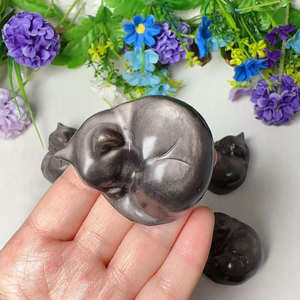 Figura de Gato Tallada en Piedra de Cristal para Sanación, con Brillo Plateado Natural, Obsidiana, Gato Durmiente - Product Image 3