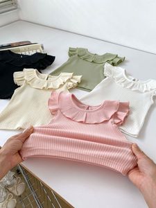 Mùa Hè Mới Cô Gái Bay Tay Áo Tops Ruffle Cổ Trẻ Sơ Sinh Rắn Colour T-Shirt Mỏng Quần Áo Trẻ Em - Product Image 4
